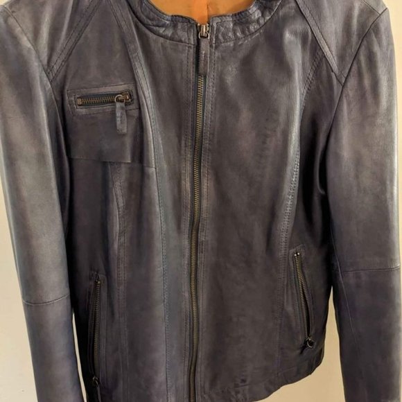 MEDIUM Blue-Grey Leather Moto Jacket From Italy - Picture 2 of 4